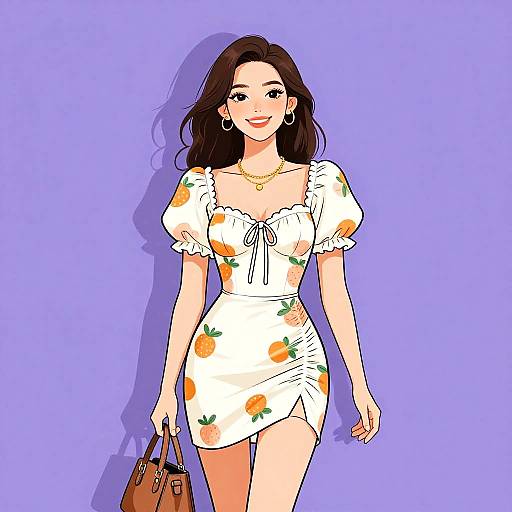 Digital illustration of a smiling woman with long brown hair, wearing a white, orange-fruit-patterned dress, holding a brown handbag, against a