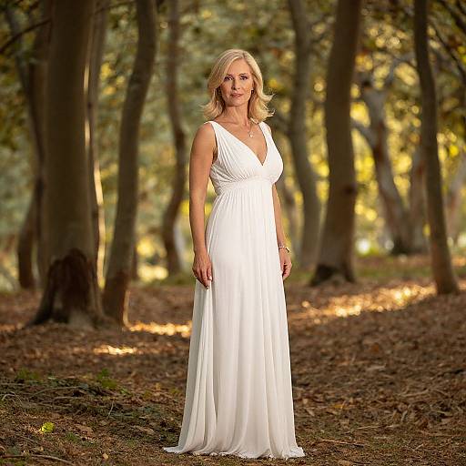 Photograph of a blonde woman with wavy hair wearing a white, sleeveless, V-neck gown standing in a sunlit forest.