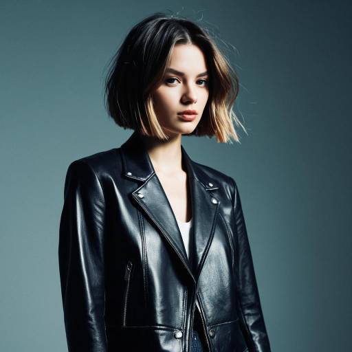 Fashion Model with Choppy Bob Hairstyle and Leather Blazer