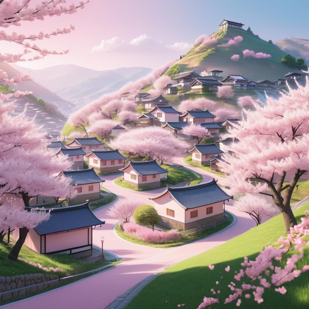 Serene Village Under Cherry Blossoms in Spring