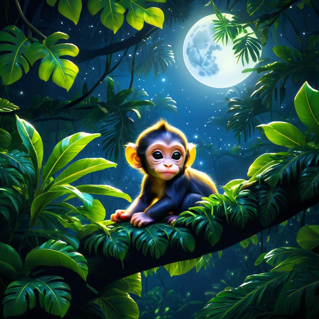 Peaceful Baby Monkey Under Moonlight