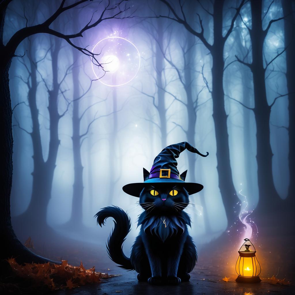 Eerie Black Cat Wizard in Forest