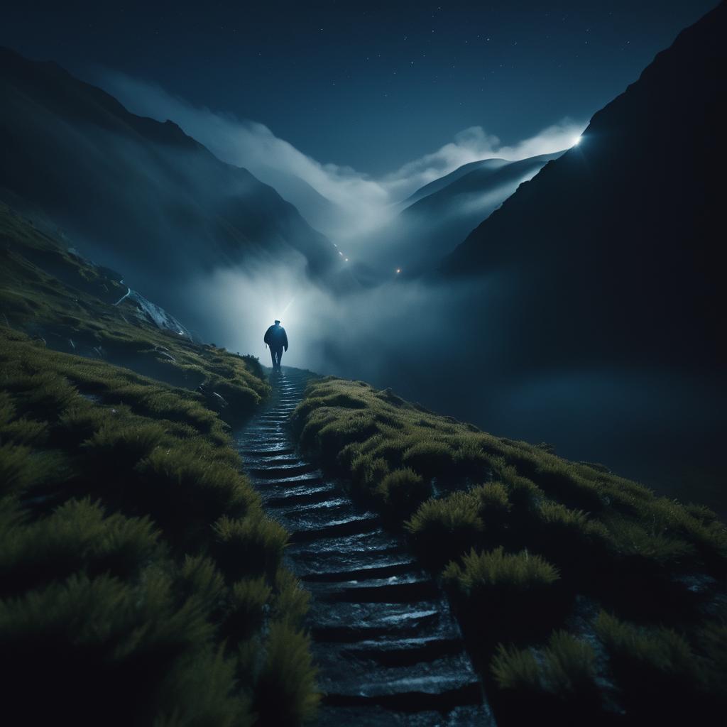 Aerial Night Walk in Misty Mountains