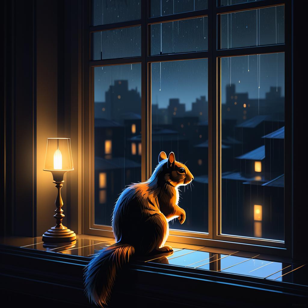 Moody Squirrel by the Rainy Window