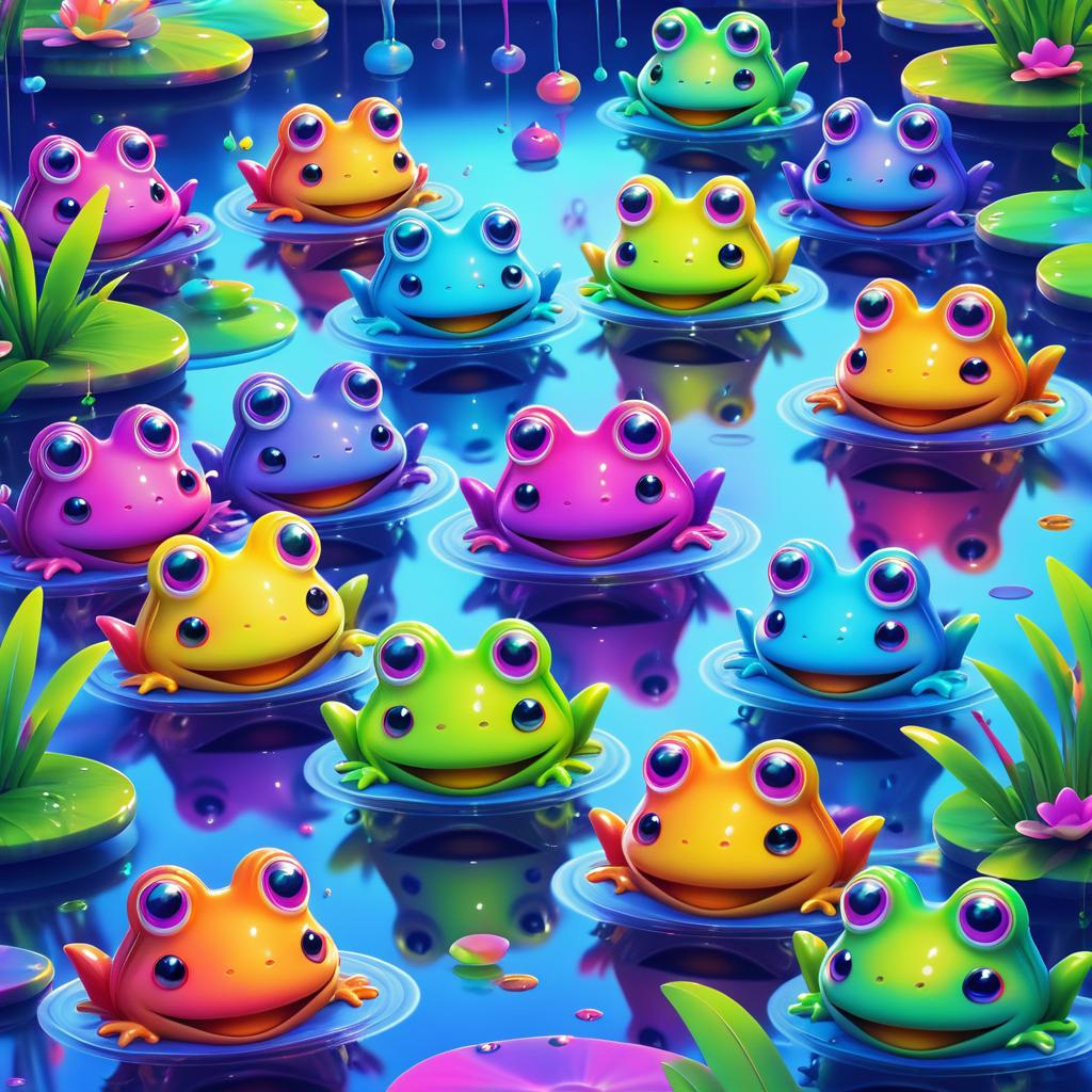 Whimsical Rainbow Frogs in Murky Waters