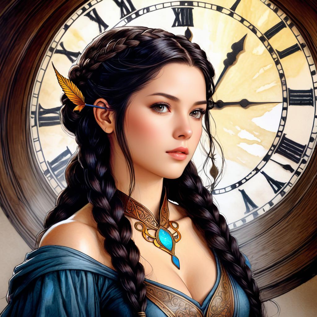 Arwen's Enigmatic Portrait Among Clocks