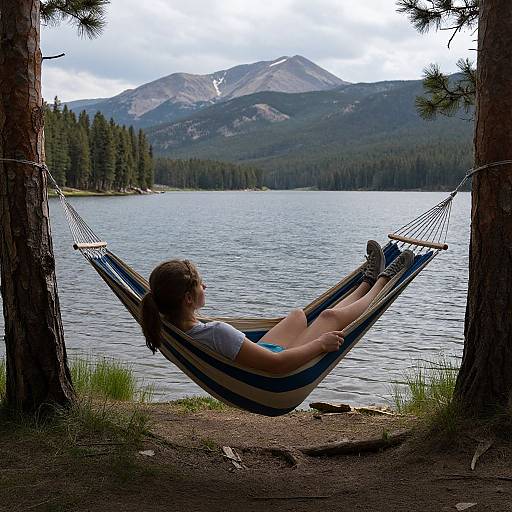 Photograph of a woman in a blue and white hammock, lounging by a lake with mountains and pine trees in the background. She wears a