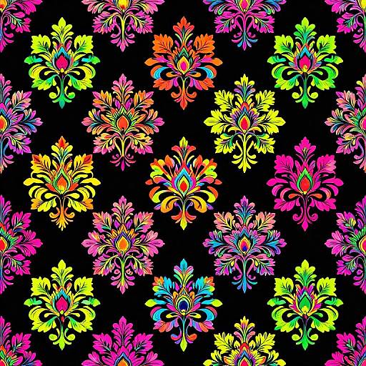 Vibrant, neon floral pattern in bright yellow, pink, orange, blue, and green on a black background. Digital artwork with intricate, sym