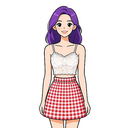 Digital anime-style drawing of a smiling young woman with purple hair, wearing a white lace crop top and red checkered skirt.