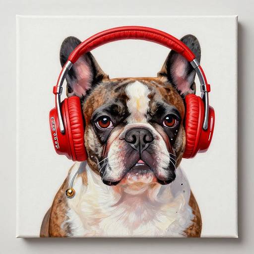 Digital illustration of a brown and white French Bulldog wearing bright red over-ear headphones against a plain white background.