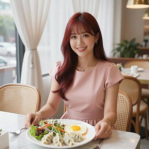 Cheerful Asian Woman in Pink Dress