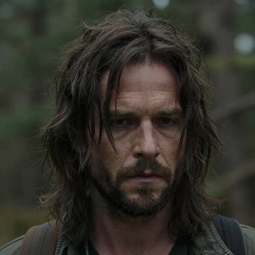 Close-up photograph of a rugged, bearded man with long, messy brown hair, intense expression, and forest background; dark, moody lighting.