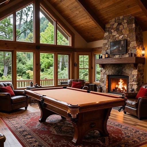 Cozy wooden cabin living room with billiards table, stone fireplace, leather armchairs, red cushions, large windows, lush forest view, and