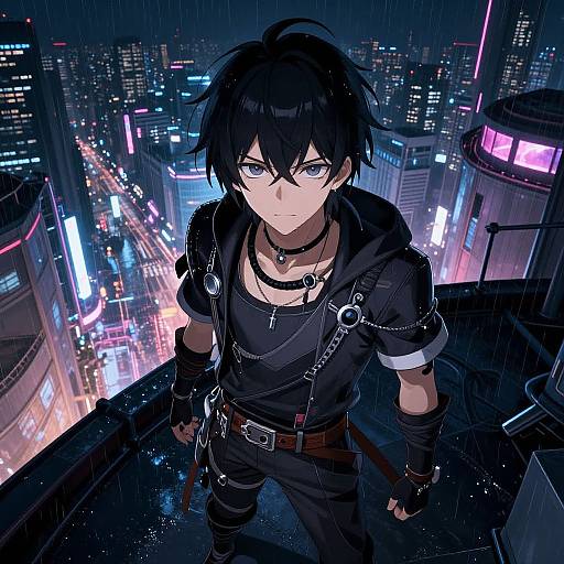 Anime-style digital drawing of a black-haired, blue-eyed male character with gothic attire, standing on a rainy rooftop overlooking a neon-lit, futuristic