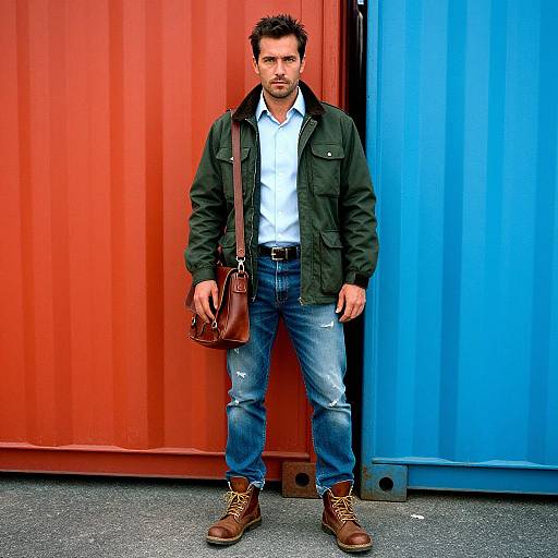 Photograph of a bearded man with spiked hair, wearing a green jacket, white shirt, blue jeans, brown boots, and a brown leather bag