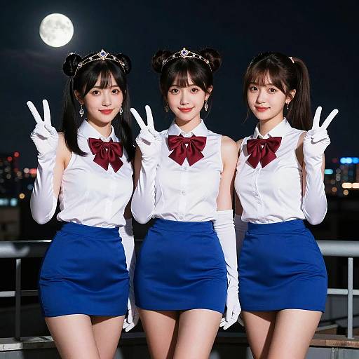 Three Young Women in Themed Uniforms on Rooftop at Night