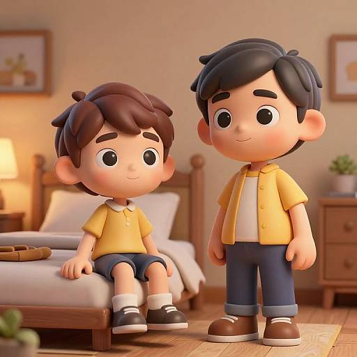 CGI image of two cartoon boys with large eyes, brown hair, and yellow shirts, sitting and standing in a cozy bedroom.