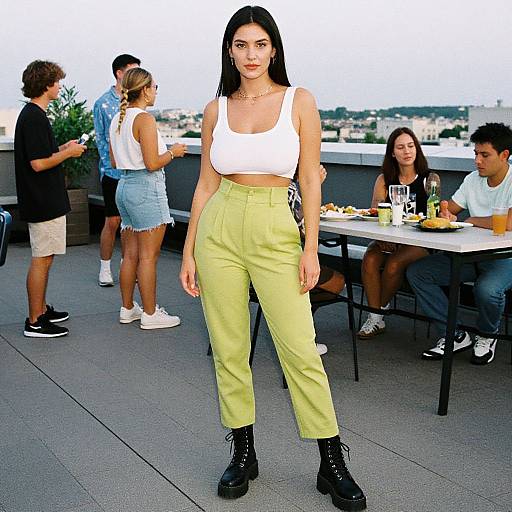 Photograph of a confident woman with long black hair, wearing a white crop top, yellow high-waisted pants, and black boots, standing on