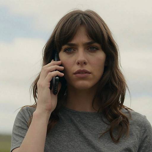 Serious Woman with Cellphone and Clouds