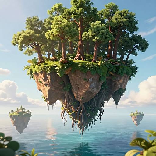 Digital artwork of three floating island ecosystems with lush green trees and hanging roots over a calm, reflective ocean under a bright blue sky.