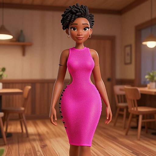 3D digital art of a black woman with short curly hair in a tight, bright pink dress, standing in a cozy wooden dining room.