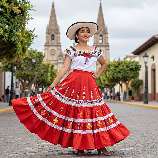 Photograph of a smiling Latina woman in a white blouse, red embroidered skirt, and white hat, standing on a cobblestone street with Gothic church