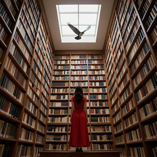 Photograph of a woman in a red dress, standing in a library aisle, facing rows of bookshelves with a bird silhouette on the skyl
