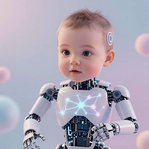 CGI image of a cute, robotic baby with light skin, brown hair, and glowing blue circuitry patterns on a pastel blue and pink bo