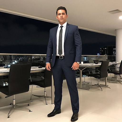 Photograph of a handsome, dark-haired man in a navy suit, white shirt, and black tie, standing in a modern, well-lit office