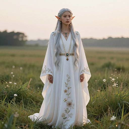 Photograph of an ethereal elf woman with long silver hair, pointed ears, wearing a white, floral-embroidered dress, standing in a