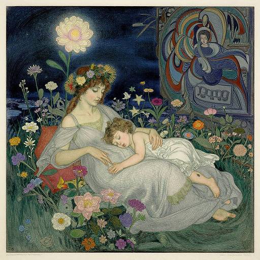 Illustration of a fair-skinned woman with a flower crown, dressed in a flowing white gown, cradling a sleeping child among colorful flowers,