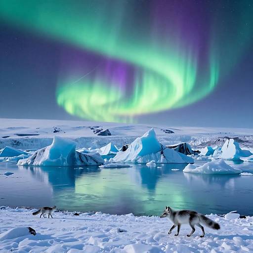Aurora Borealis Over Arctic Glacier with Foxes