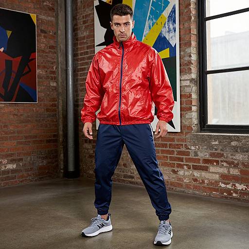 Photograph of a muscular man with short dark hair, wearing a shiny red jacket, navy pants, and white sneakers, standing in an industrial brick-w