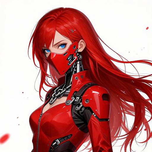 Digital anime-style artwork of a red-haired woman with blue eyes, wearing a red, high-tech, armored suit with a chain-covered neck and red mask