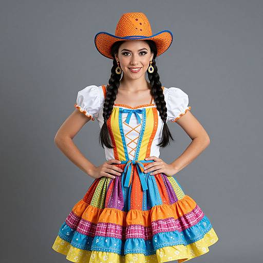 Photograph of a smiling woman with dark braided hair, wearing a colorful Mexican-style dress, orange hat, white blouse, and large earrings, against
