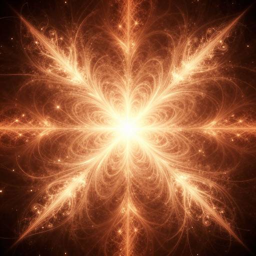 Digital artwork of a radiant, glowing, symmetrical, fiery sunburst with intricate, orange and yellow swirling patterns against a dark, star-speckled