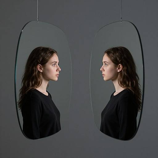 Photograph of a young woman with long, dark hair in a black shirt, reflected in two oval mirrors against a dark gray background.