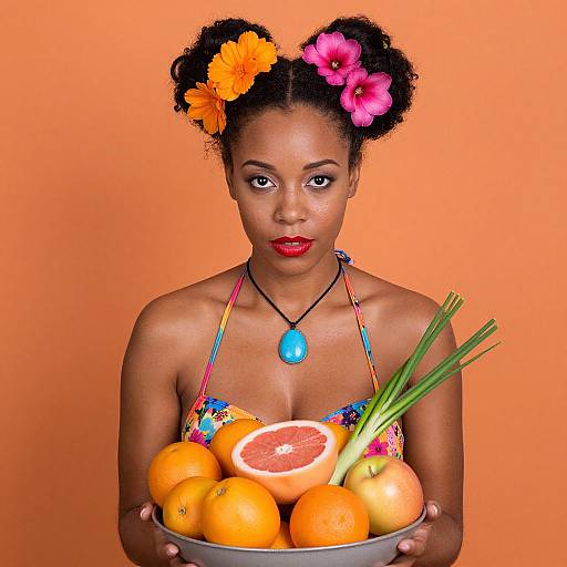 Vibrant Portrait of Woman with Fruit Bowl