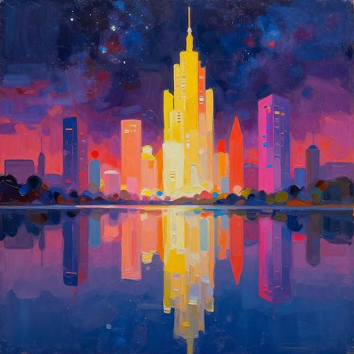 Digital painting of a vibrant city skyline at night, with a tall, glowing yellow skyscraper reflecting in a calm, dark blue river. Bright red,