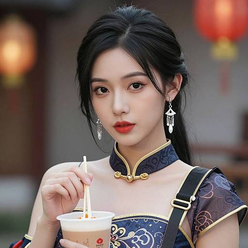 Photorealistic digital portrait of an Asian woman with long black hair, red lipstick, and traditional Chinese attire, holding a bubble tea cup. Red lantern