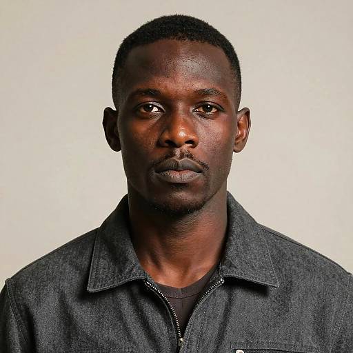 Photograph of a serious-faced, dark-skinned Black man with short hair, wearing a black denim jacket over a black shirt, against a plain white