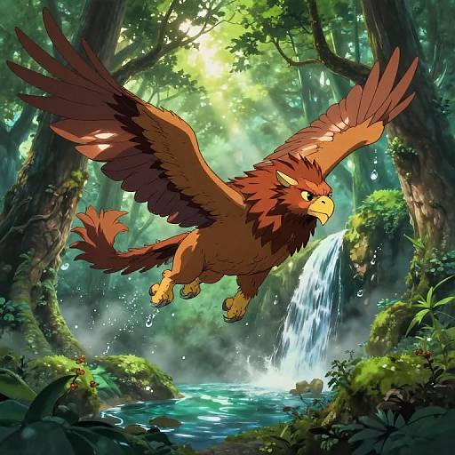Digital illustration of a brown, winged griffin with sharp yellow talons and beak, soaring over a lush, sunlit forest waterfall.