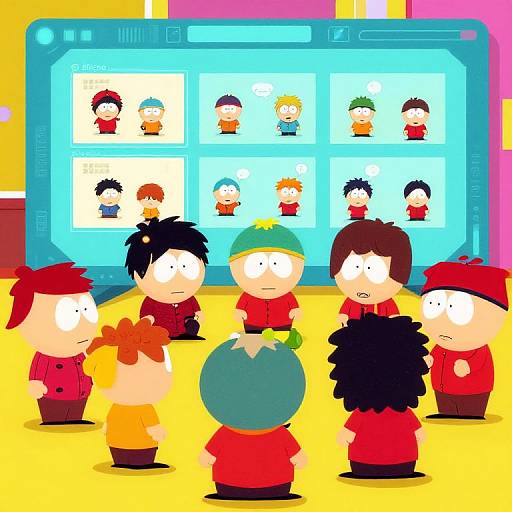 Cartoon classroom scene: Six children with diverse hair colors and styles, wearing red shirts, gather around a blue screen displaying various small cartoon characters. Vibr