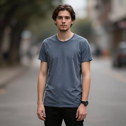 Photograph of a handsome, brown-haired man with a slight beard, wearing a blue t-shirt and black pants, standing on a blurred urban street.