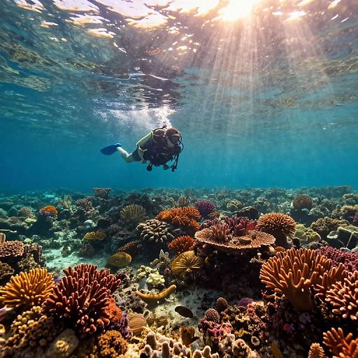 Scuba diver explores vibrant coral reef beneath sunlight rays; colorful corals and marine life in clear, blue ocean water. Photographic image.