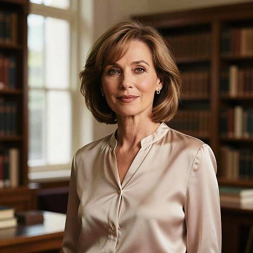 Photograph of a middle-aged woman with short brown hair, wearing a white satin blouse, standing in a sunlit library with bookshelves in the