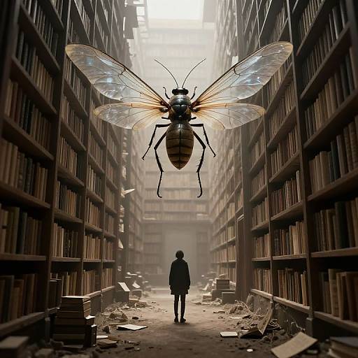 Photograph-style digital art: Silhouetted person stands in dusty, towering library aisle, facing enormous, glowing, insect-like creature with translucent wings