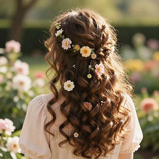 Photograph of a woman with long, wavy brown hair adorned with white and yellow daisy flowers, wearing a white lace blouse, standing in a