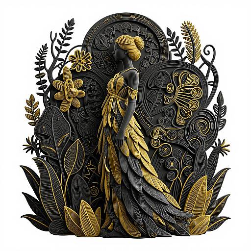 Digital artwork of a stylized black bird with gold accents, surrounded by intricate, swirling floral and leaf patterns.