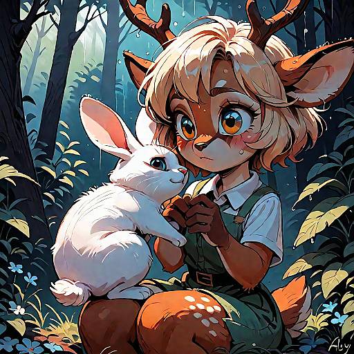 Magical Faun and Rabbit in Midnight Rain
